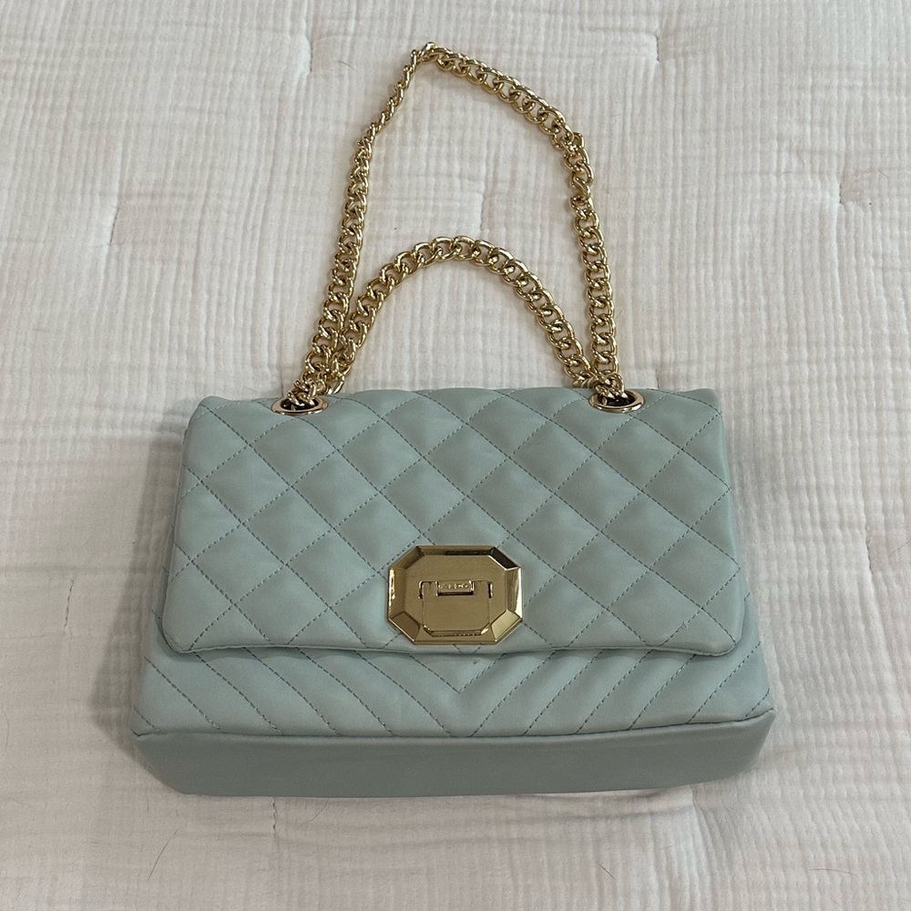 Aldo Light Blue Quilted Shoulder Bag with Gold Chain